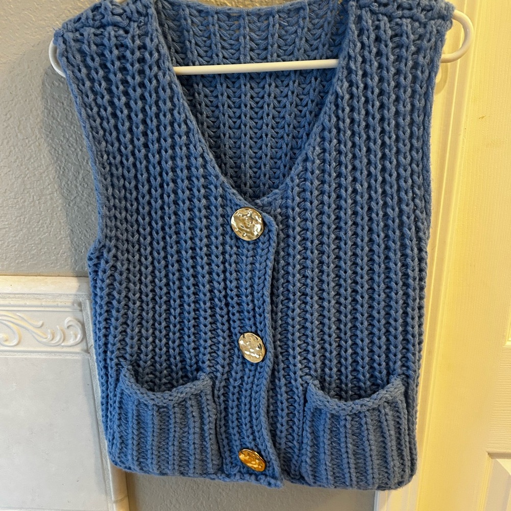 Blue Knit Button-Up Women's Sweater Vest